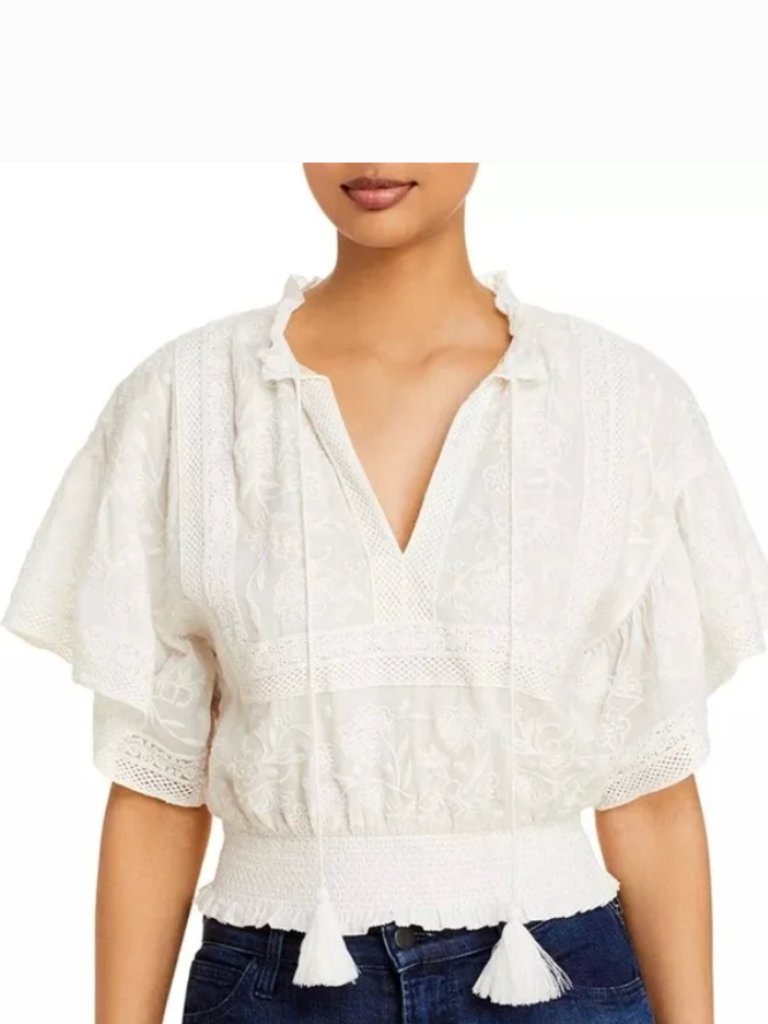 Alice + Olivia Tabitha Embroidered Ruffle-Sleeve Cropped Blouse